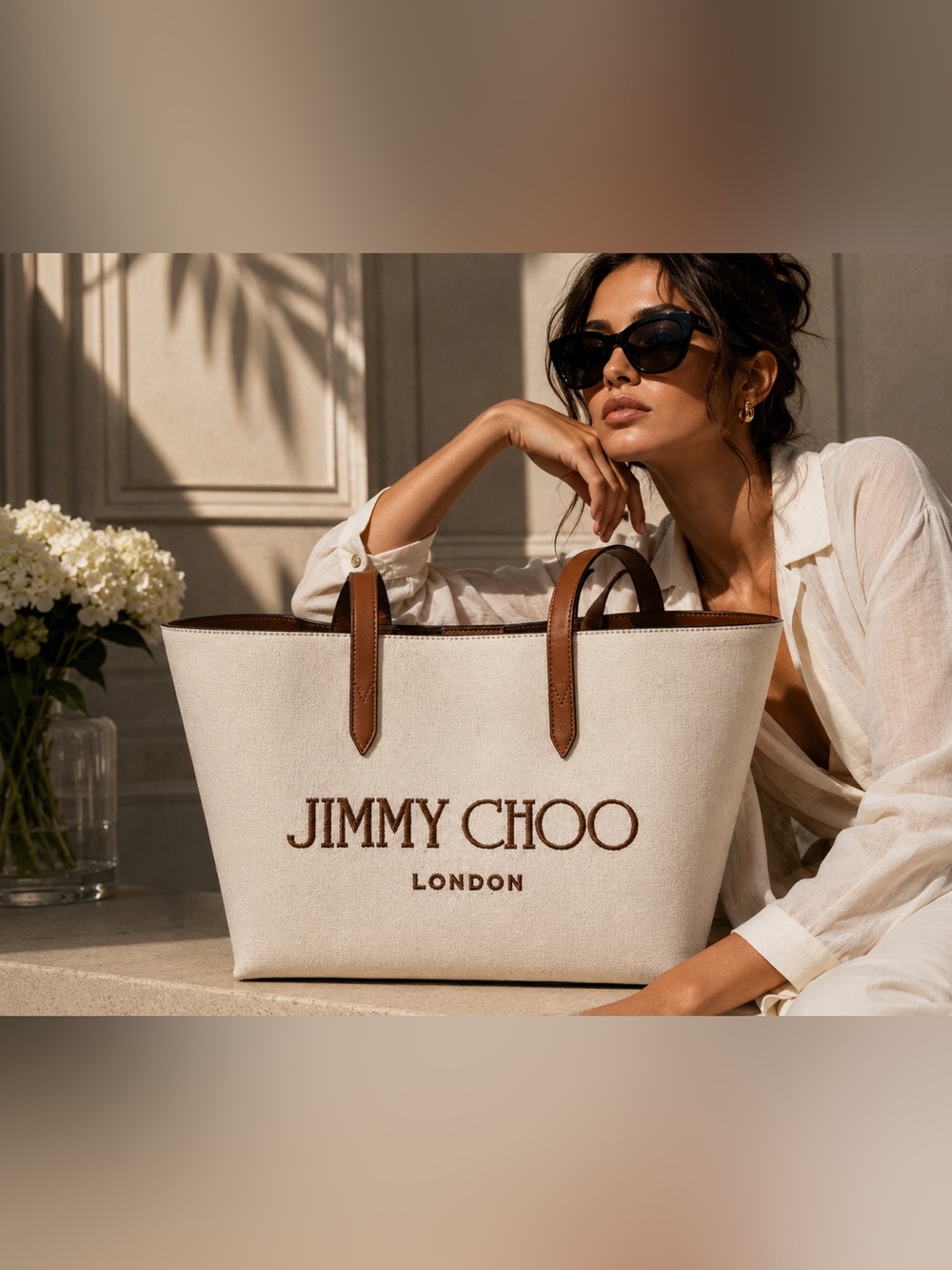 Jimmy Choo Canvas Logo Tote Ecru Tan NEW